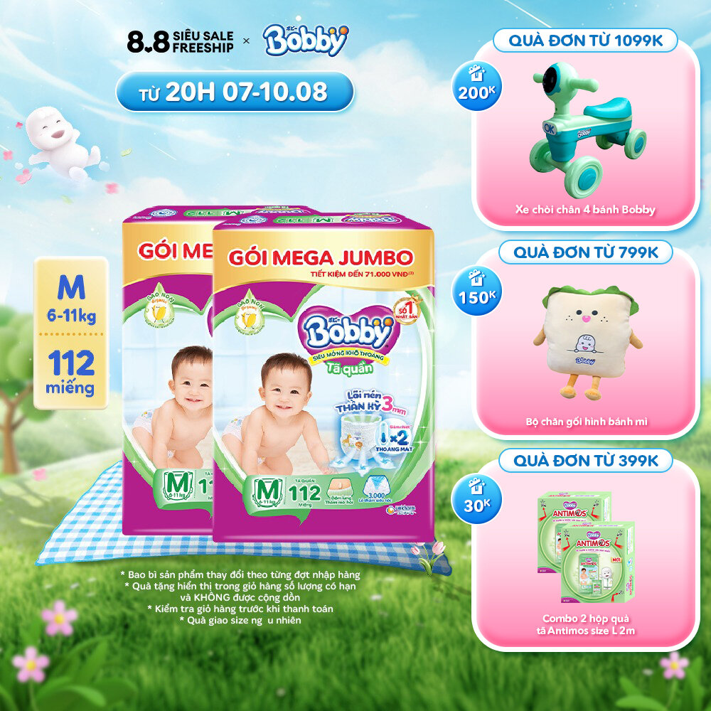 Combo 2 Tã/bỉm quần Bobby 3mm Gạo non M