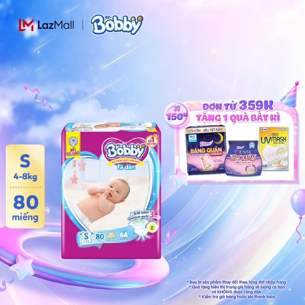 Tã dán Bobby siêu thấm - khô thoáng S80