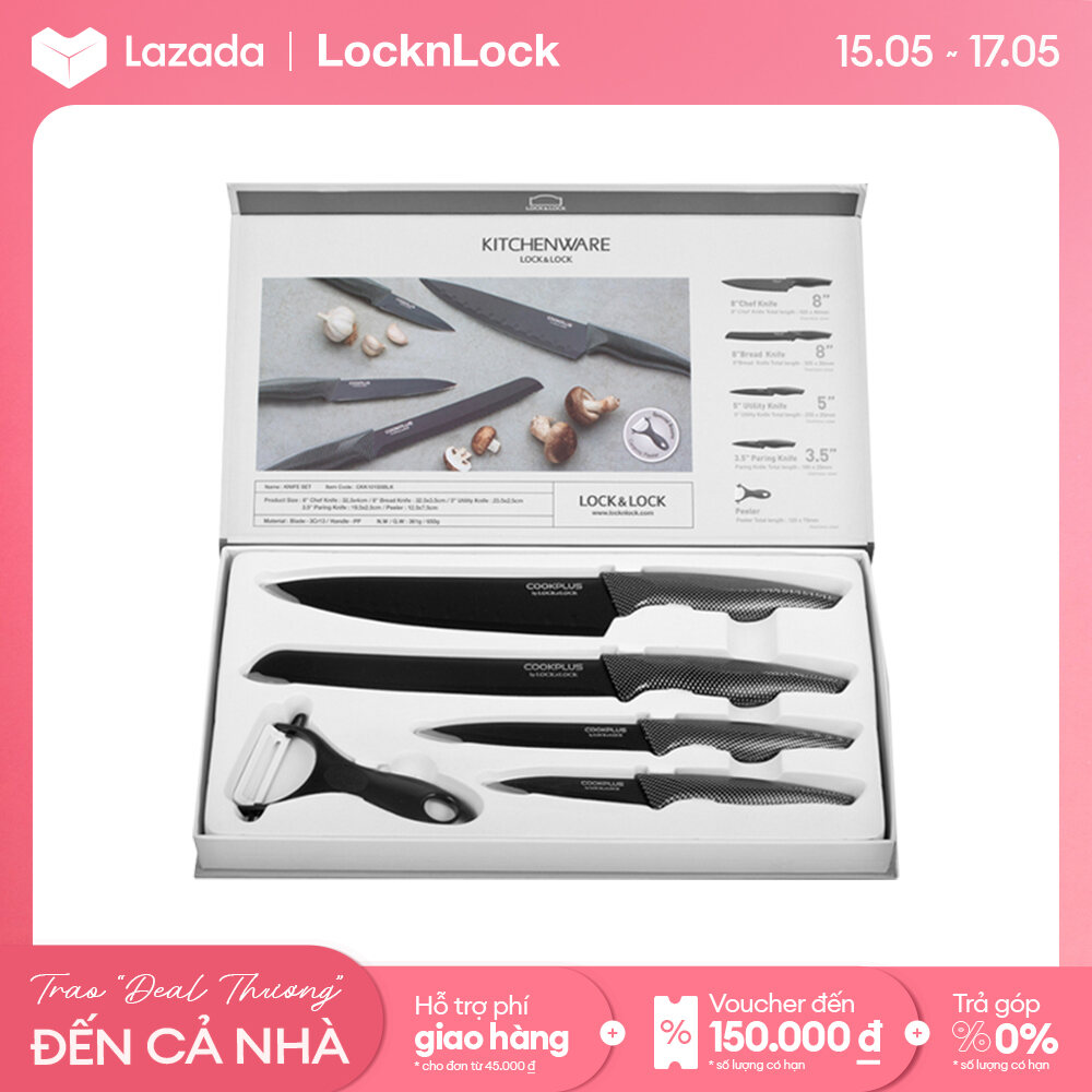 CKK101S5BLK - Bộ dao nhà bếp 5 món thép không gỉ Lock&amp;Lock (4 Dao 1 gọt vỏ trái cây) COOKPLUS - Hàng chính hãng - Giới hạn 5 sản phẩm/khách hàng