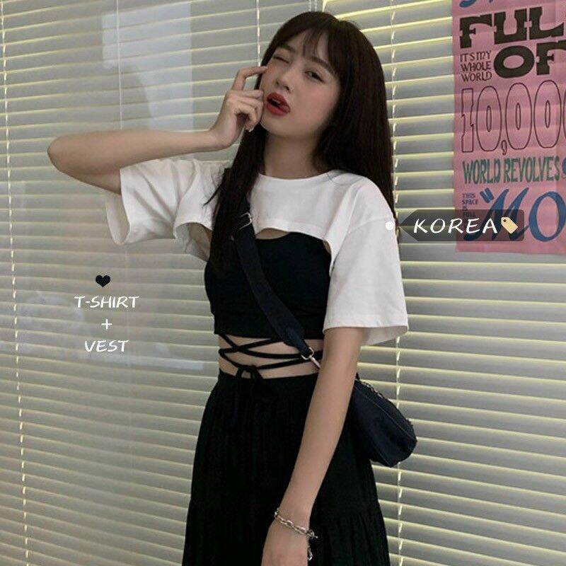 (UN) SÉT ÁO KIỂU NỮ (2 MÓN)# ÁO THUN NGOÀI CROPTOP# ÁO TAY NGẮN# ÁO 2 DÂY PHÍA TRONG CÓ DÂY CỘT BỤNG CỰC XINH# ÁO KIỂU NỮ BAO ĐẸP# FORM TỪ 38KG ĐẾN 45KG