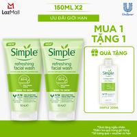 [VC 15% tối đa 70K đơn 399K] Combo 2 Sữa rửa mặt Simple lành tính sạch thoáng - cho da nhạy cảm 150ml/chai [CHÍNH HÃNG ĐỘC QUYỀN] [DIỆN MẠO MỚI]