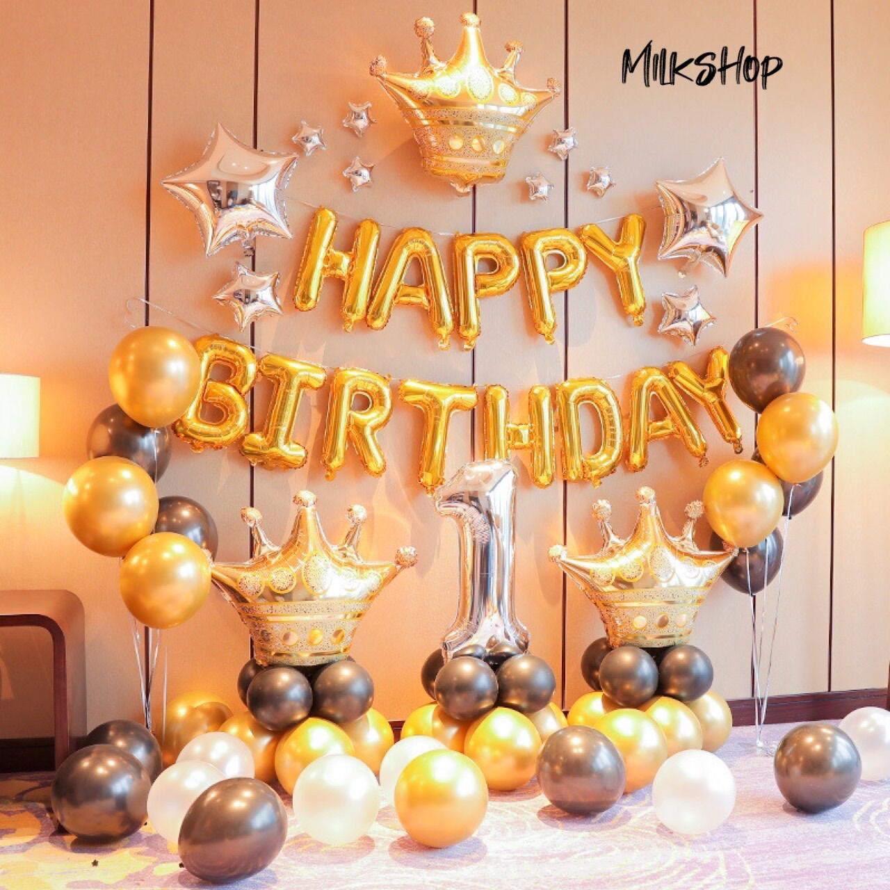 Combo trang trí sinh nhật Happy Birthday V06 màu vàng { Tặng kèm vỏ bóng}