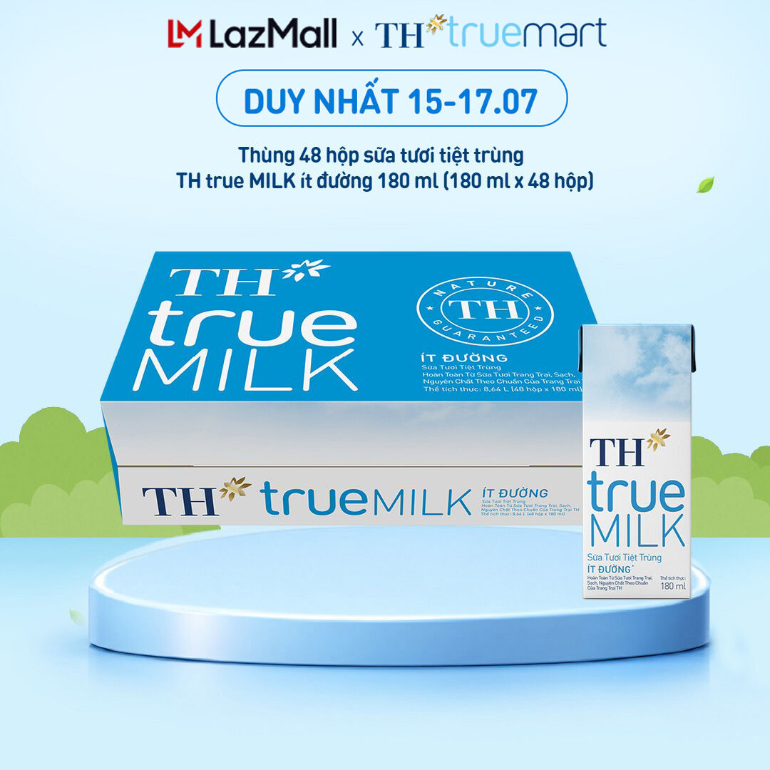 Thùng 48 hộp sữa tươi tiệt trùng TH true MILK ít đường 180 ml (180 ml x 48)