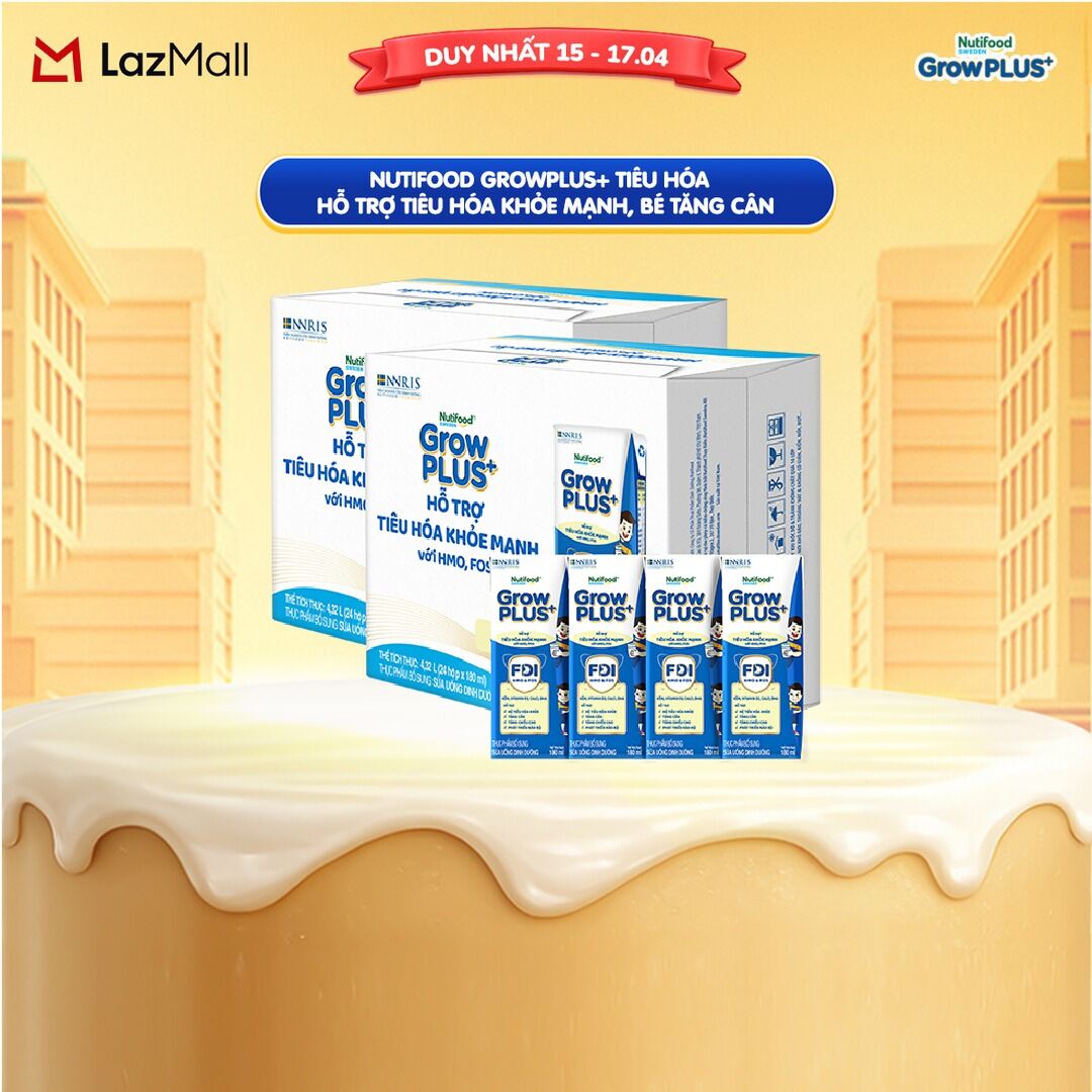 Sữa bột pha sẵn Nutifood Sweden GrowPLUS+ Tiêu Hóa (Xanh Nhạt) - Hỗ trợ tiêu hóa khỏe mạnh, bé tăng cân (48 hộp x 180ml)