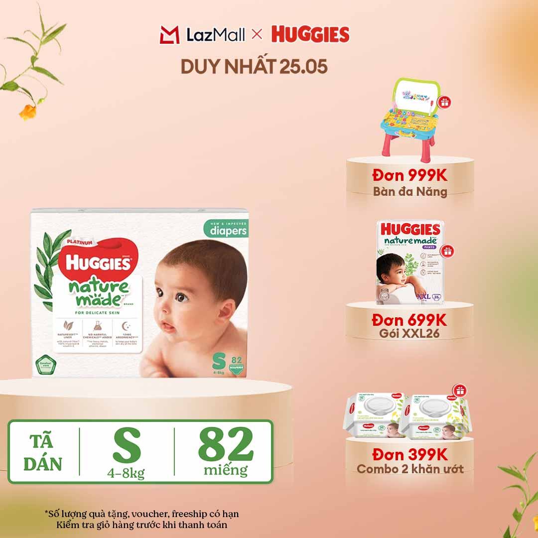 [CHỈ 25-29.05 QUÀ TẶNG ĐƠN 399K](Mua 1 tặng 1) Tã/Bỉm dán sơ sinh Huggies Platinum NatureMade S82 (4-8kg)-Gói Super Jumbo 82 miếng