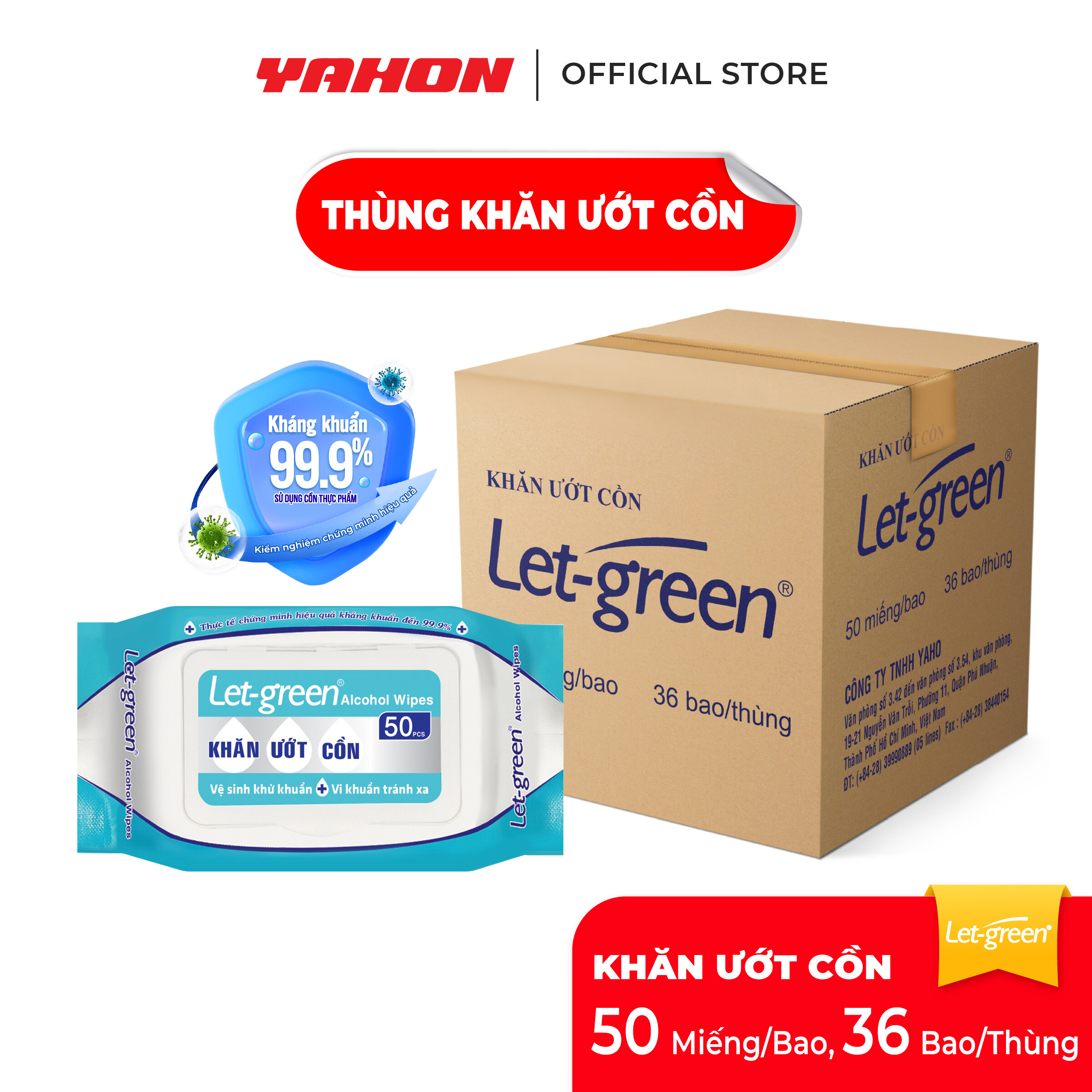Thùng 36 Bao Khăn Ướt Cồn LET-GREEN 50 Miếng | Sạch Khuẩn Tức Thì