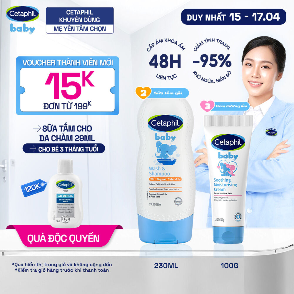 Combo 2 bước Sữa tắm gội với Calendula hoa cúc hữu cơ 230ml + Kem dưỡng ẩm làm dịu đa năng Cetaphil Baby 100Gr