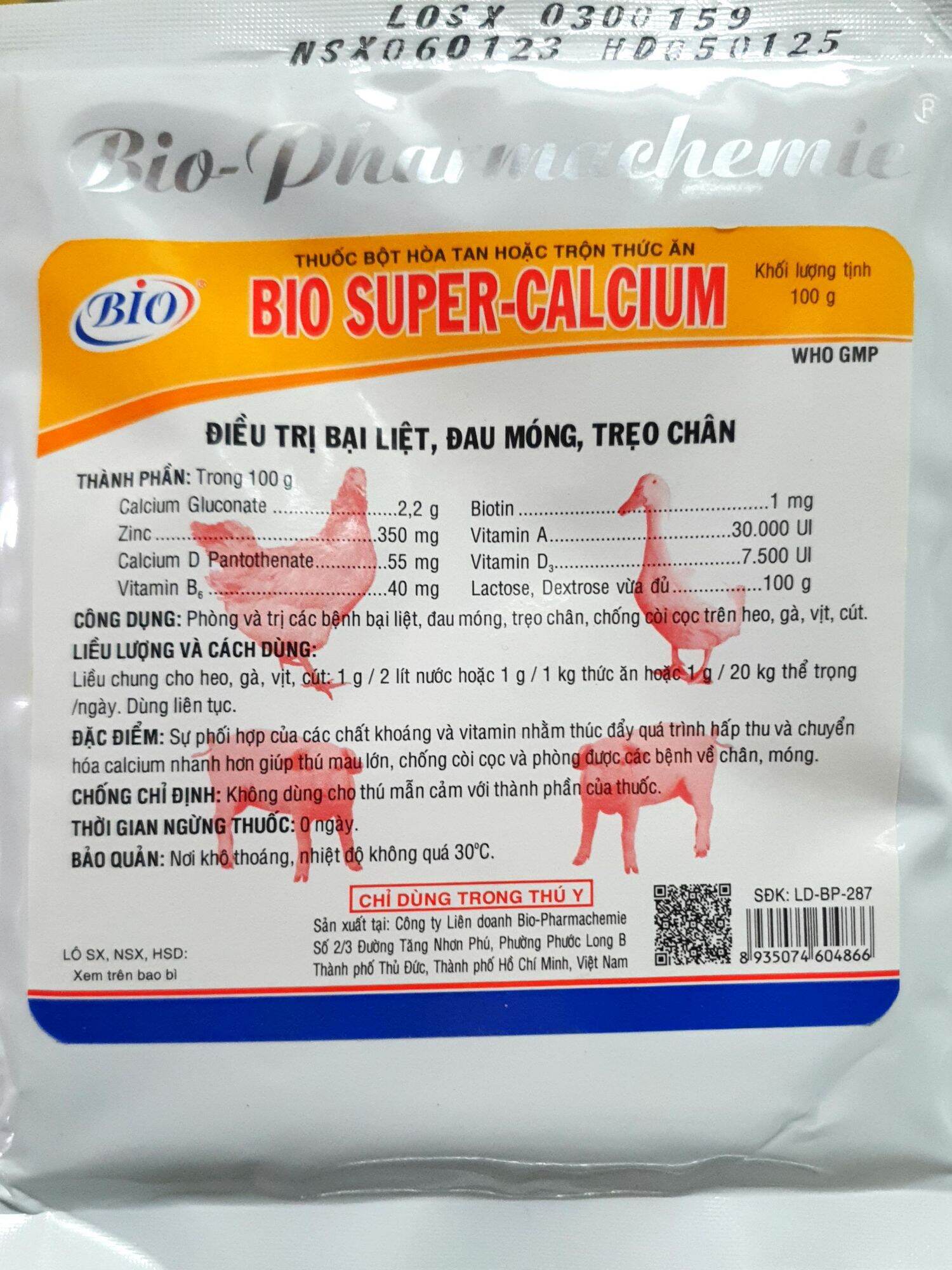 Bio Super Calcium (100gr) - Điều trị bại liệt, đau móng, trẹo chân, bổ sung Canxi cho gà đá, thú cưng