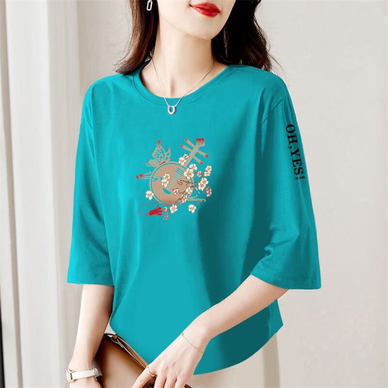 Áo Thun Tay Lửng in Họa Tiết Phong Cách Trung Hoa Rộng Rãi Cho Phụ Nữ Trung Niên Và Cao Tuổi Mùa Hè Thường Ngày