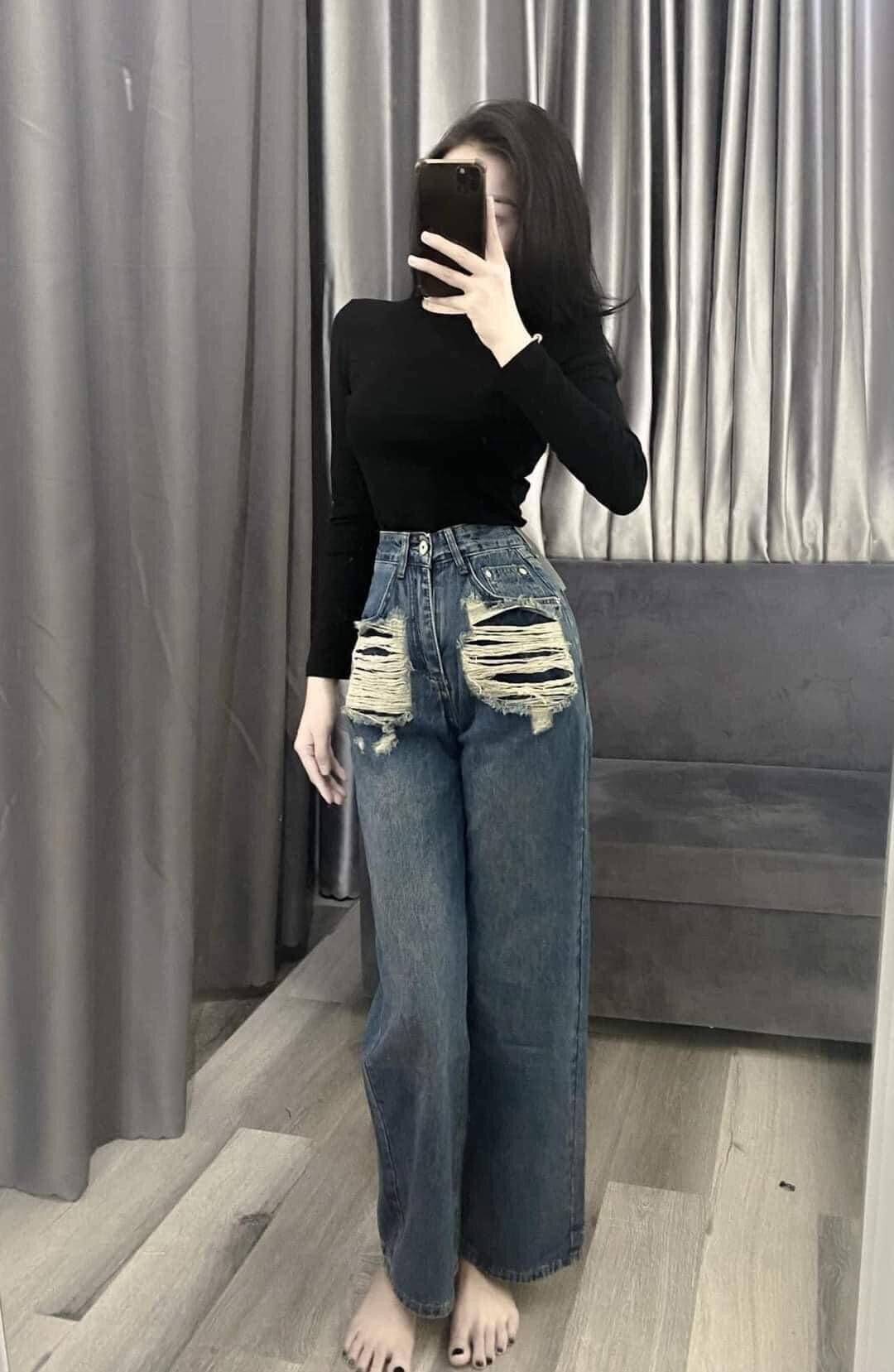QUẦN JEANS ỐNG RỘNG NỮ LƯNG CAO RÁCH 2 MẢNG TÚI TO XANH LAI CUỐN CỰC HOT HIT SIÊU PHÁ CÁCH