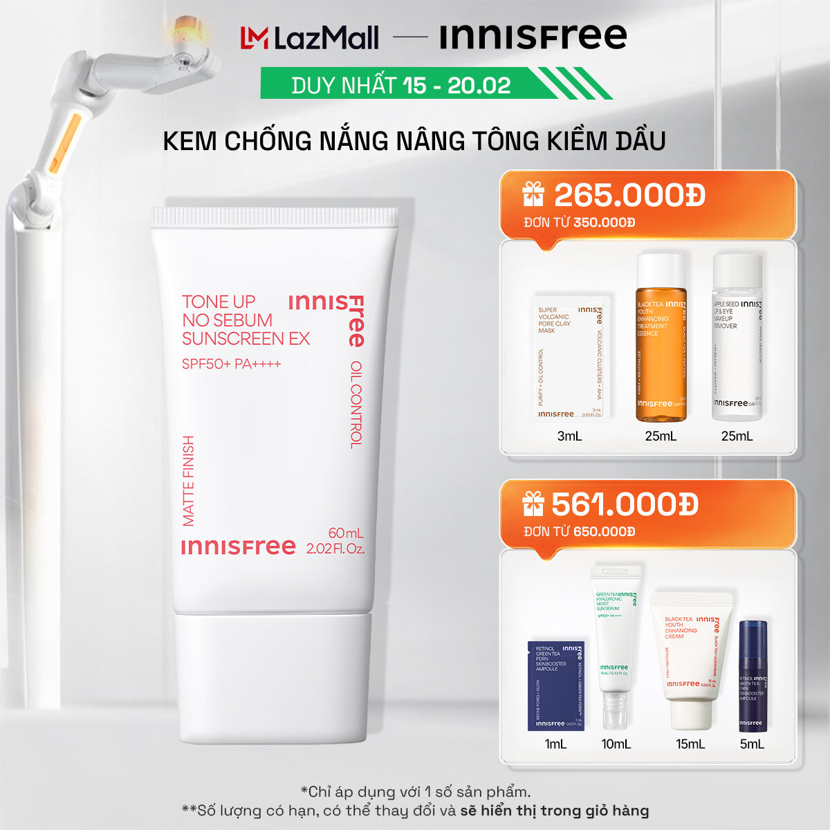 Kem chống nắng nâng tông kiềm dầu INNISFREE Tone Up No Sebum EX SPF 50+ PA++++ 60 mL