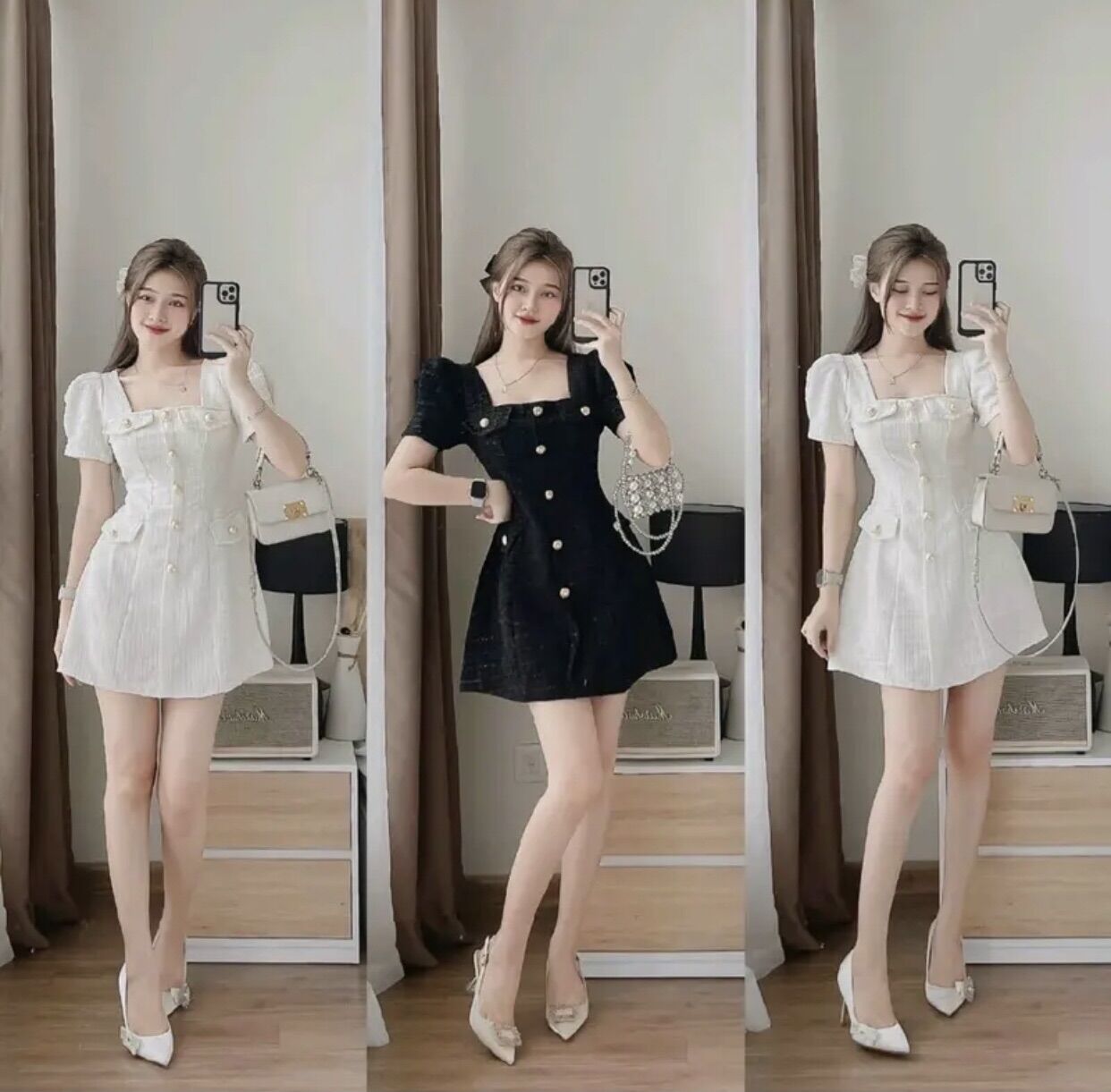 Đầm cổ vuông phối nút chất dạ siêu xinh