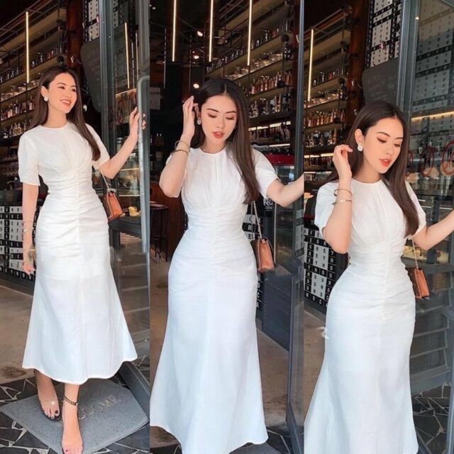 Đầm trắng MiDi Nhíu Eo Tay Phồng