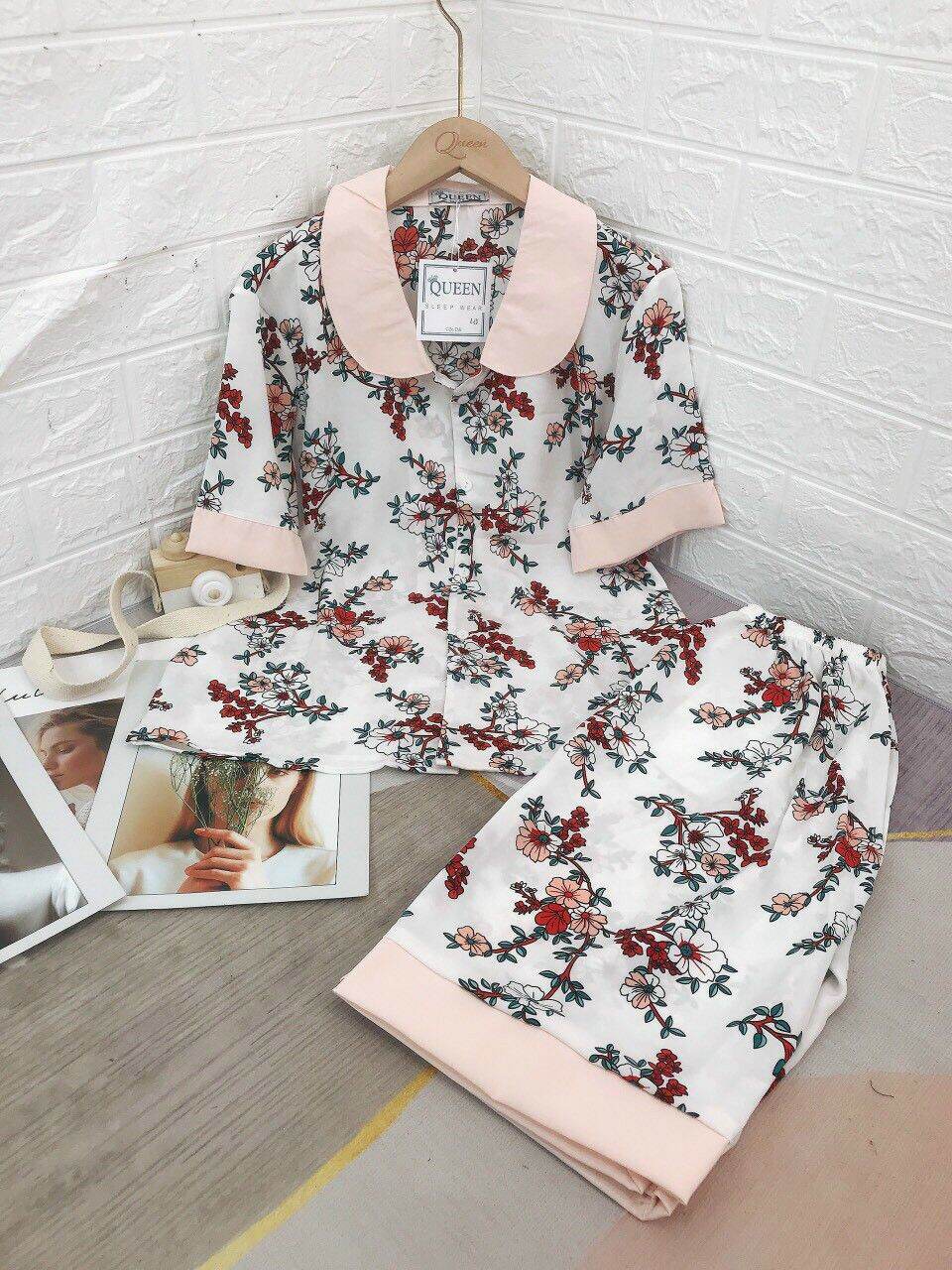 Pijama lửng cổ sen, chất mango cao cấp, size 40-60kg