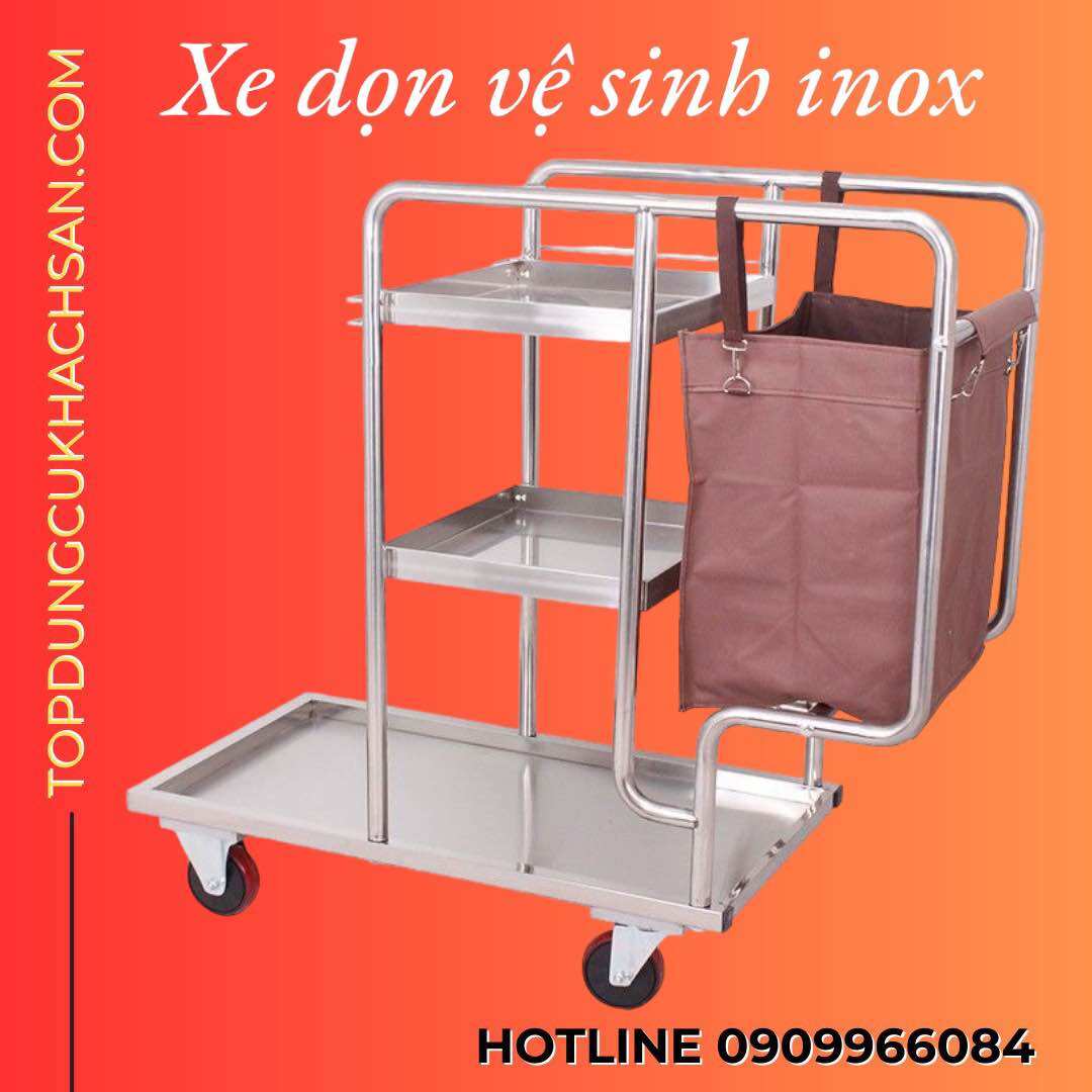 Xe dọn vệ sinh khung inox túi vàng, xe làm vệ sinh 3 tầng
