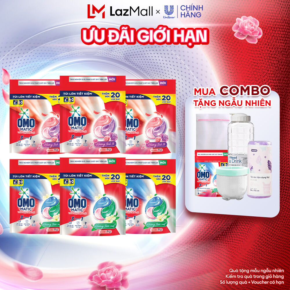 (Livestream) - Combo 6 túi viên giặt tiện lợi OMO 3 trong 1 Hương Tinh Tế/Tươi Mát 30-50 viên/túi (bao bì tùy lô nhập hàng)