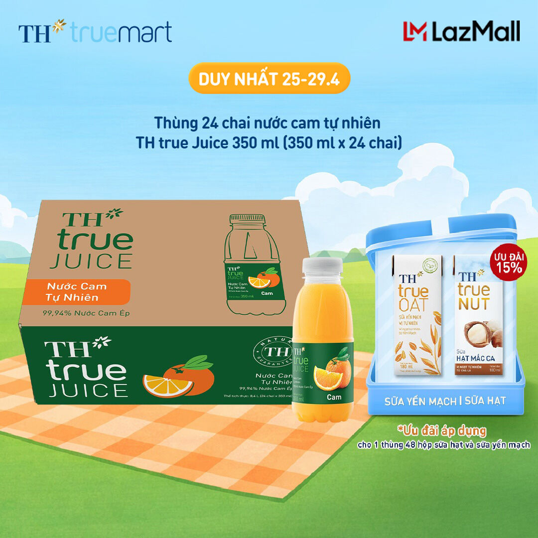 Thùng 24 chai nước trái cây TH true JUICE cam tự nhiên 350 ml (350 ml x 24)