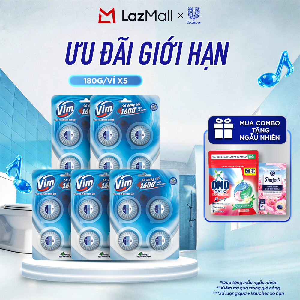 Combo 5 Vỉ Viên Thả Vệ Sinh Bồn Cầu Vim | Sạch Khuẩn, Sáng Bóng đến 1600 Lần Xả (5x180g/vỉ)