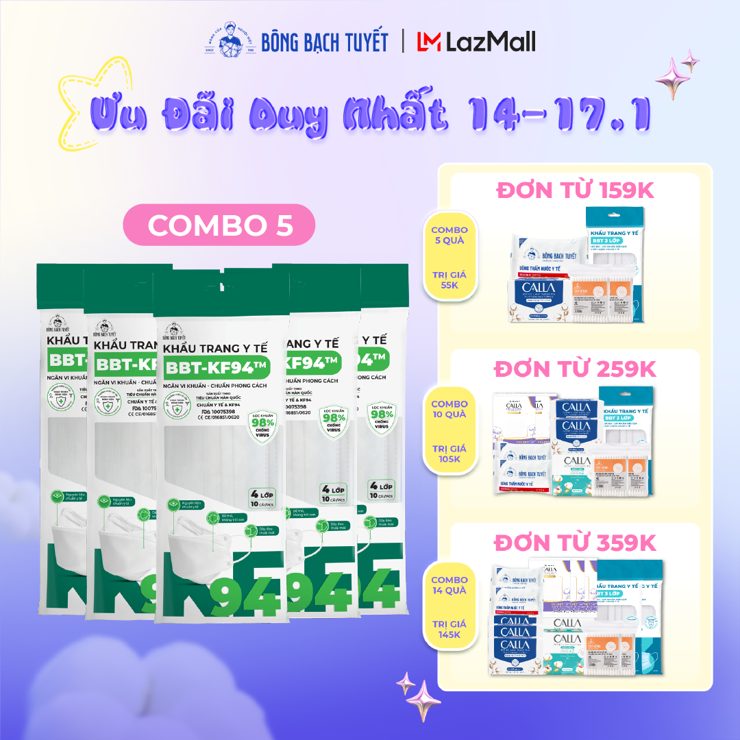 Combo 5 Gói Khẩu trang Bông Bạch Tuyết KF94 4 lớp trắng (10 cái/gói)