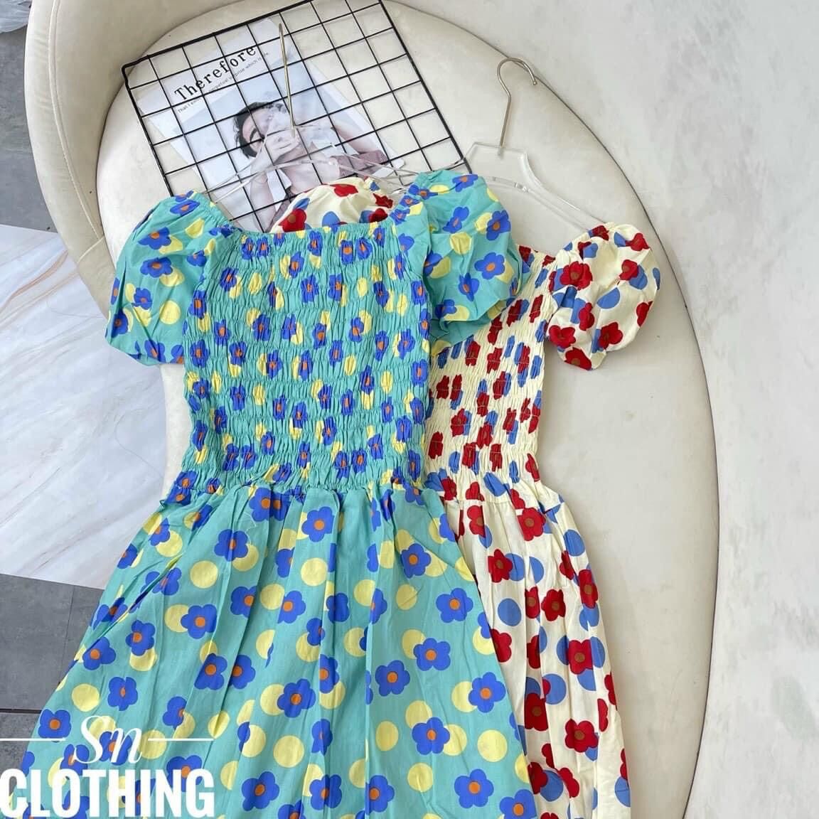 Đầm bầu hoa đi biển maxi hở vai dễ thương