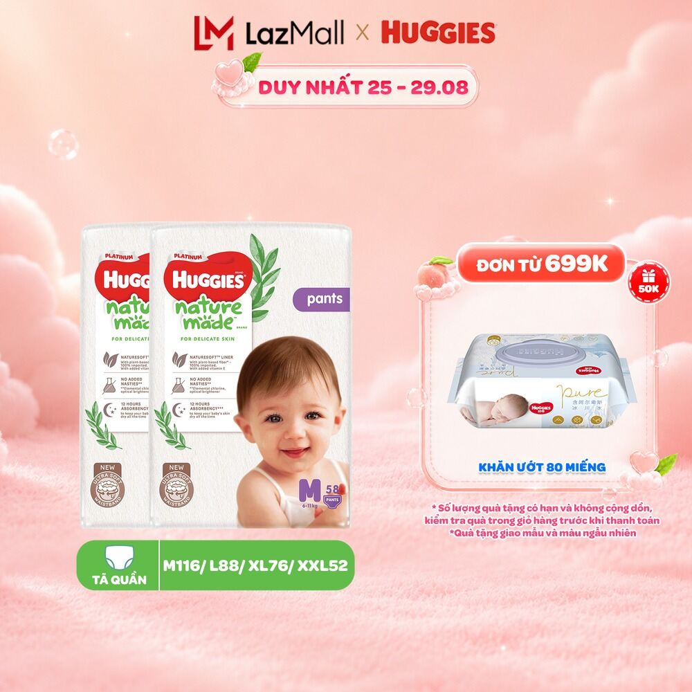 Combo 2 Tã/Bỉm quần Huggies NatureMade Platinum M58/ L44/XL38/XXL26/XXXL28
