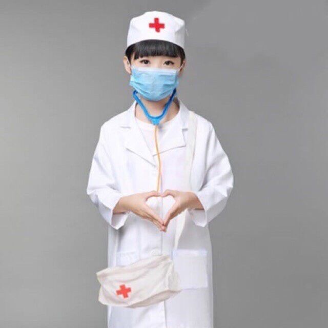 Áo bác sĩ có nón cho bé tập làm bác sĩ size 3 đến 10 tuổi chất liệu cotton inbox chọn size