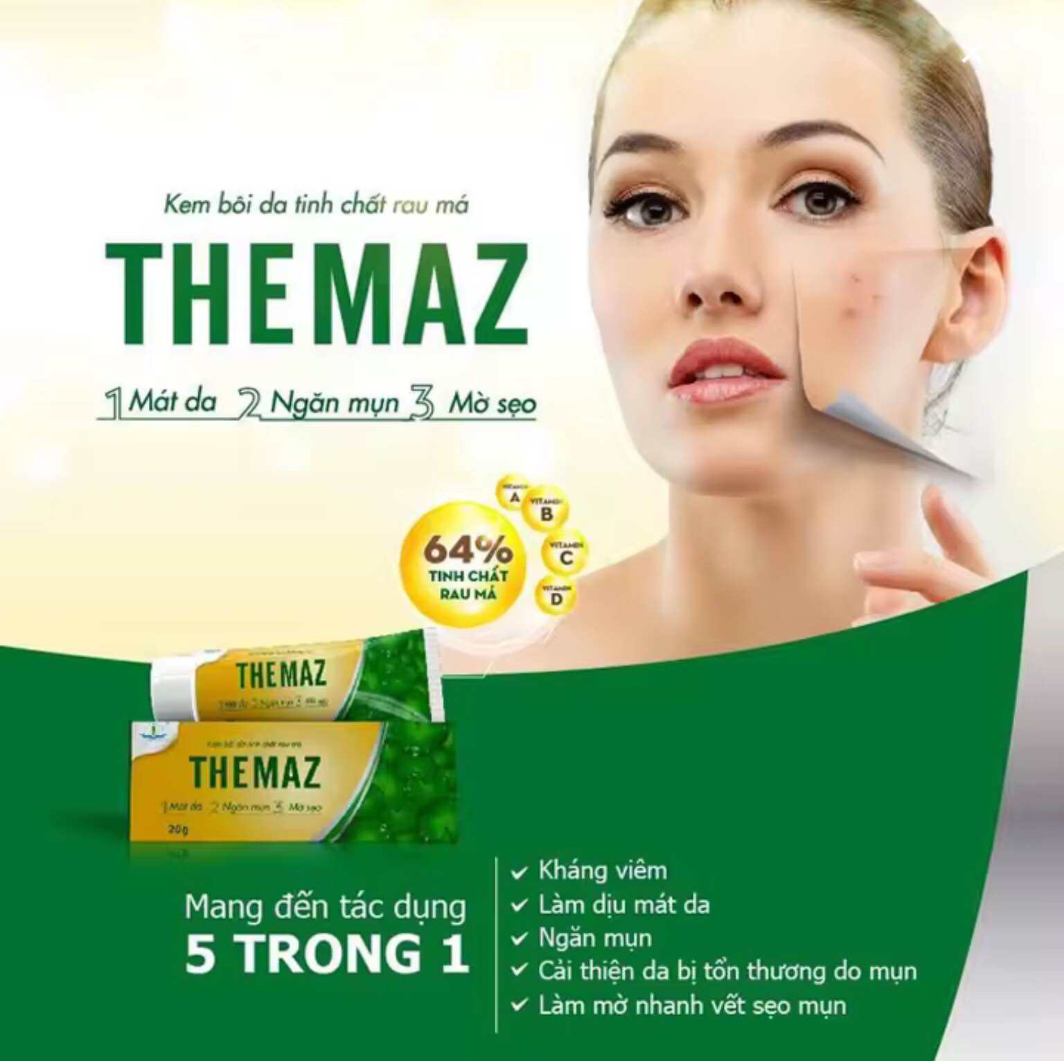 Kem bôi da tinh chất rau má Themaz Tuyp 20g Hỗ Trợ Mát Da, Ngăn Mụn, Mờ