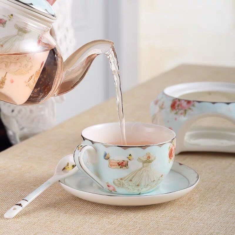 Bộ ấm chén đun nến pha trà màu xanh nhạt cao cấp