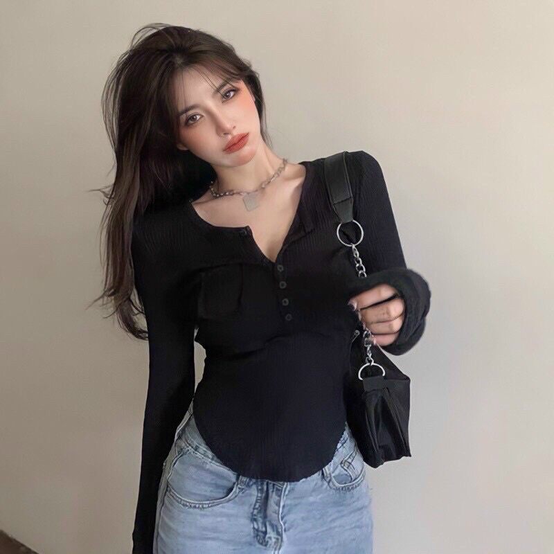 Áo Gân Cài Nút 1 Túi Tay Dài