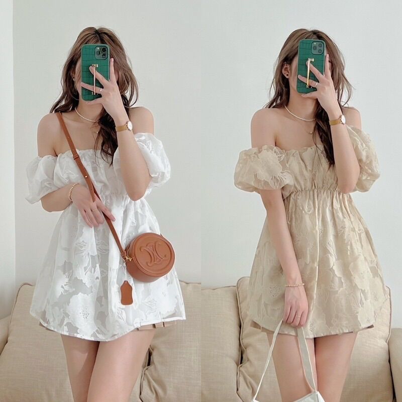 Áo trễ vai ren hoa tay bồng tiểu thư Pea Store - Áo trễ vai hoa nổi