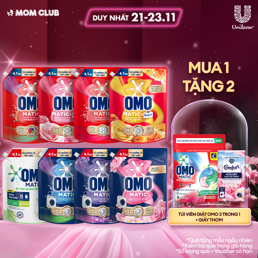 Túi nước giặt OMO Matic 4.1kg dành cho máy giặt cửa trên/cửa trước, xoáy bay vết bẩn, hương thơm bền