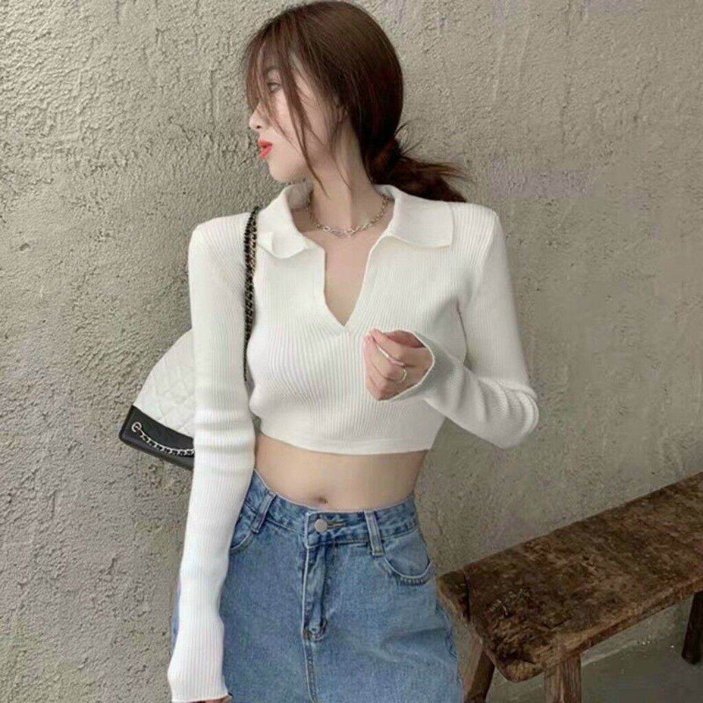 Áo croptop tay dài cột nơ sau lưng