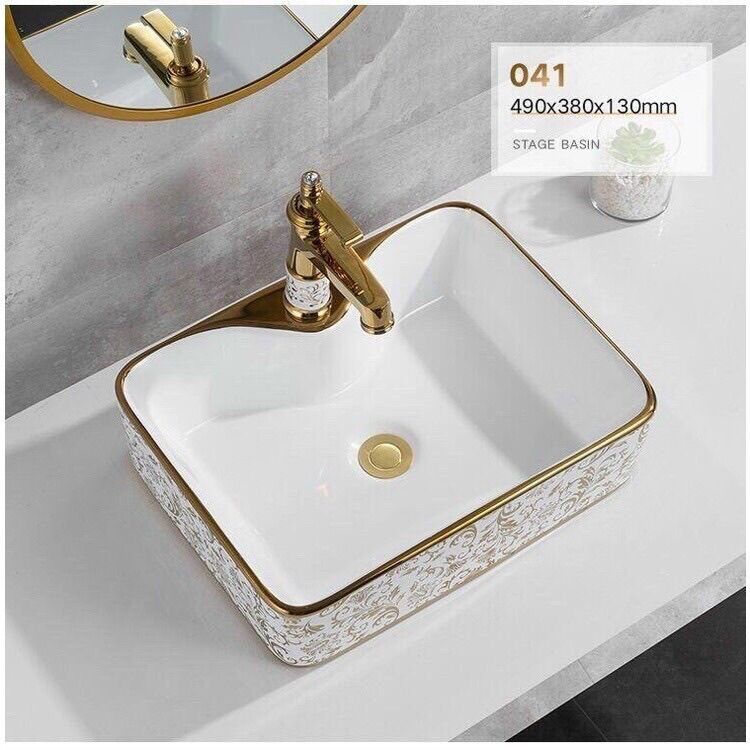 Combo bàn đá, chậu lavabo hoa vàng, vòi lavabo hoa vàng nóng lạnh, tặng ống xi phông