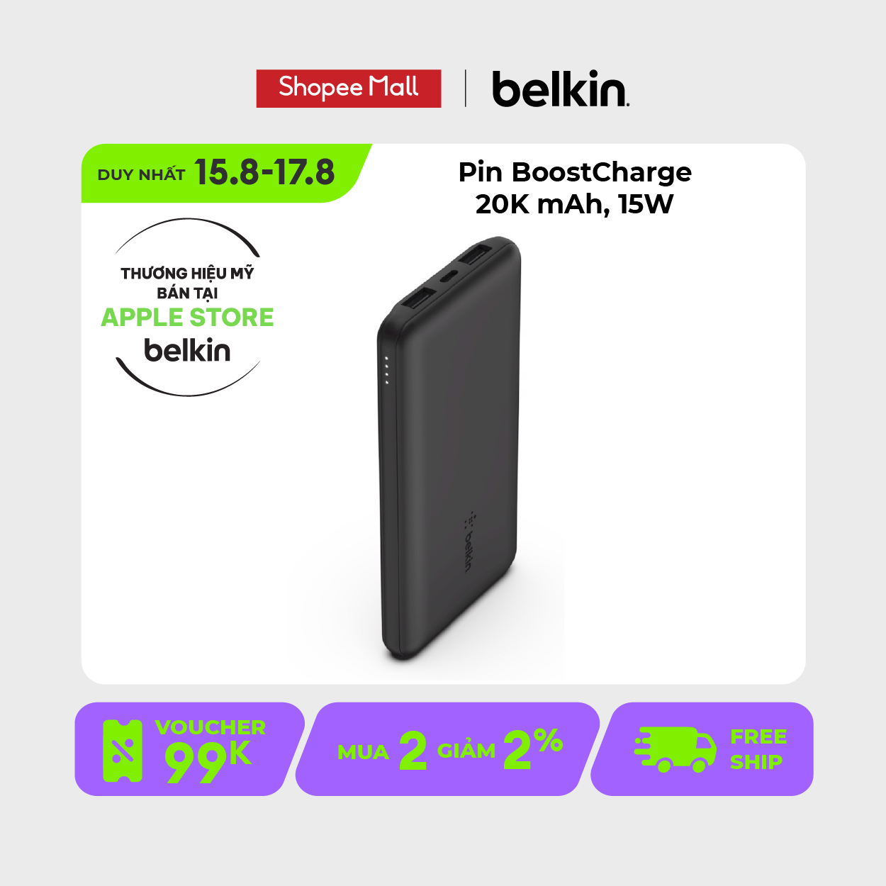 Pin sạc dự phòng Polymer Pocket Power 10,000 mAh, 15W Belkin BPB011 (tương thích iPhone 15)