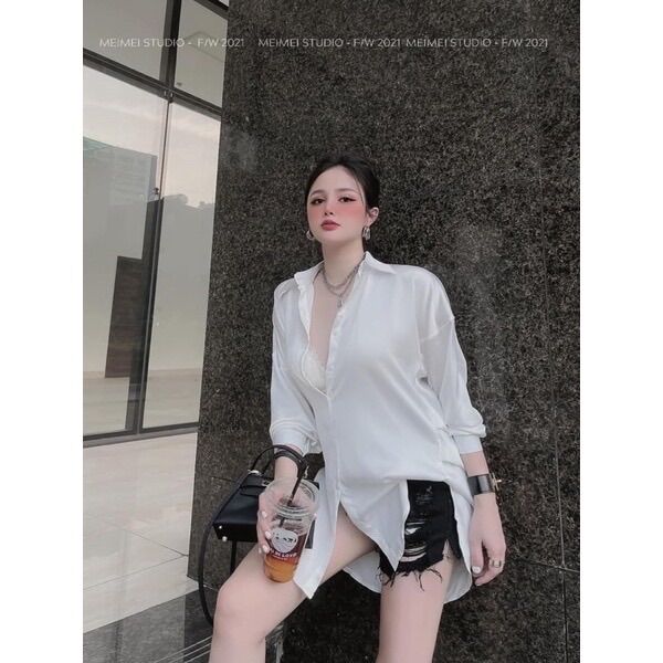Áo sơ mi lụa phom rộng oversize giấu quần