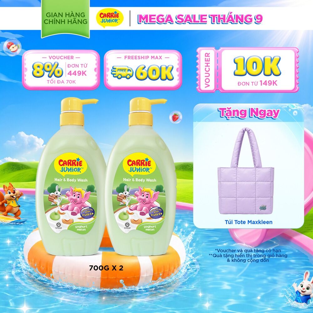 Combo 2 chai Sữa Tắm Gội cho bé Carrie Junior chiết xuất trái cây thiên nhiên Yoghurt Hương Dưa Lưới 700g/chai