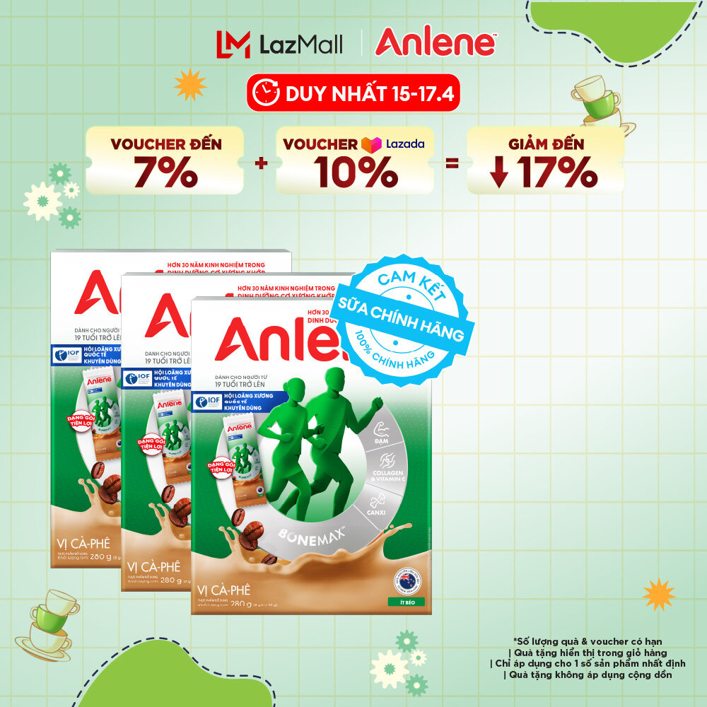 [Voucher giảm đến 26%]Combo 3 Sữa Bột Anlene Hương Cà Phê Dạng Gói Tiện Lợi (8 Gói x 35G)