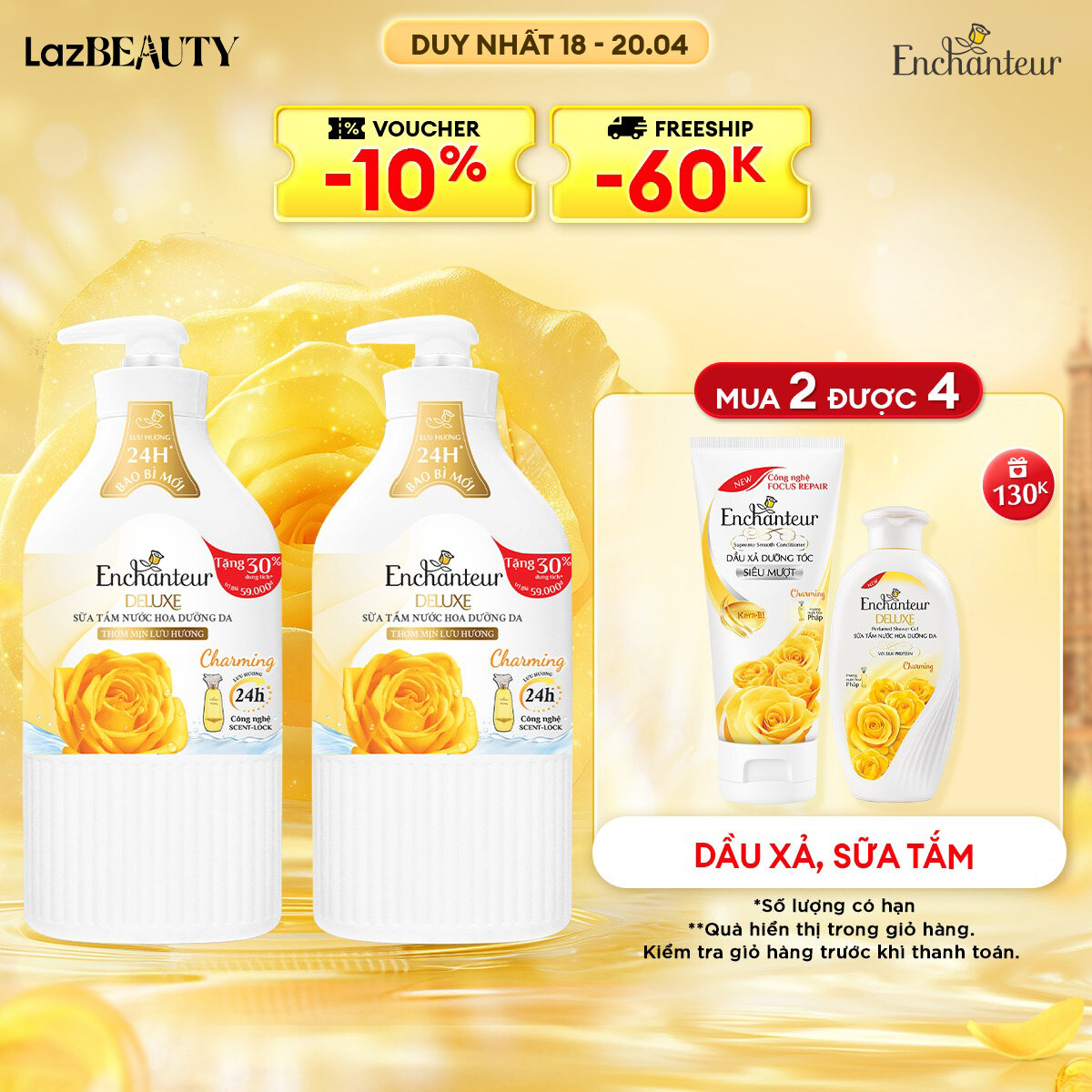 [TẶNG DẦU XẢ FULLSIZE] Combo 2 Dầu gội dưỡng tóc siêu mượt Enchanteur Charming Keratin 650gr/Chai