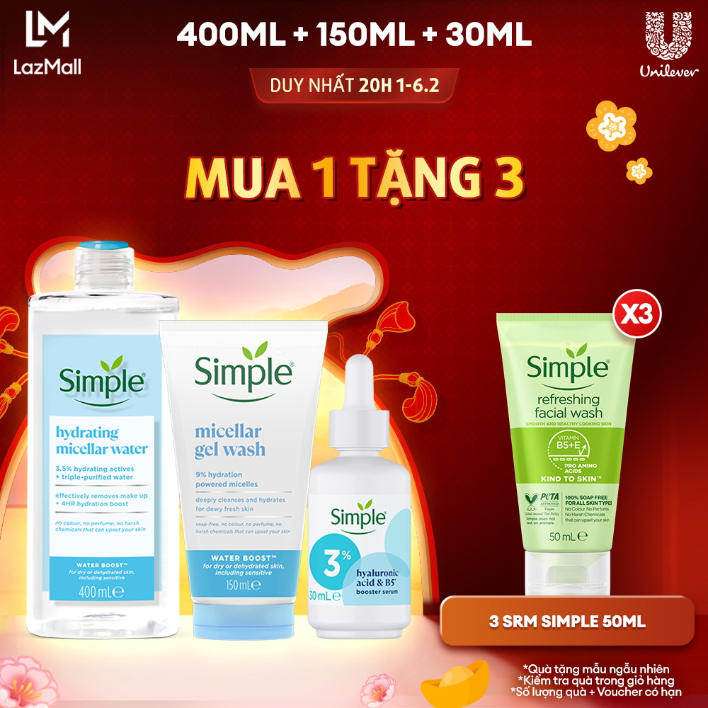 Combo Simple tẩy trang 400ml + sữa rửa mặt 150ml + tinh chất serum 30ml Simple cấp ẩm sâu cho da khô