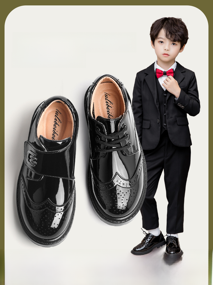 Giày Da Nam Trẻ Em Phong Cách Anh Đen Đế Mềm Giày Biểu Diễn Trang Phục Công Sở Mới Cho Bé Trai Giày Trẻ Em