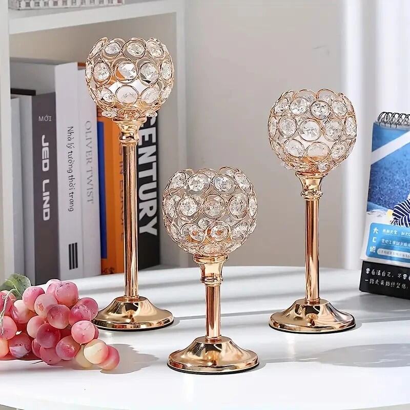 Chân Nến Tealight Kim Loại Pha Lê Hiện Đại - Hộp Đựng Nến Thủy Tinh Cho Tiệc Cưới Bàn Ăn Centerpiece