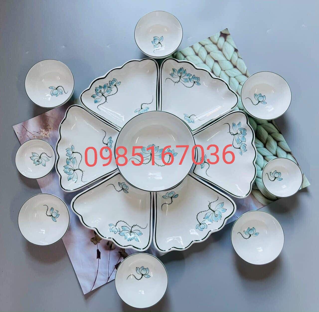 Bộ bát đĩa hoa mặt trời vẽ sen xanh đường kính 38cm.Hàng gốm sứ Bát Tràng.