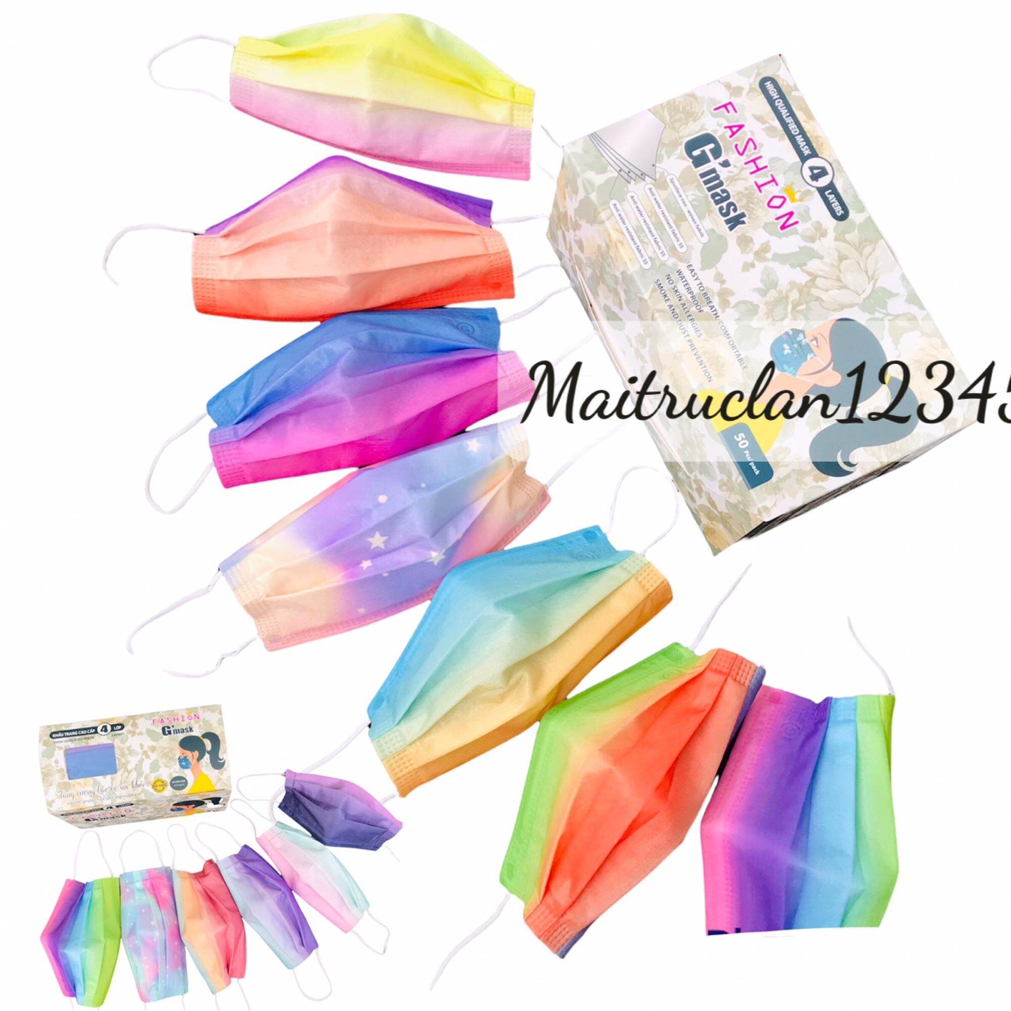 (Hộp 50 cái Phiên bản Cầu Vồng)Khẩu trang garcotex fashion hoạ tiết Cầu Vồng nhiều sắc màu 4 lớp dành cho người lớn