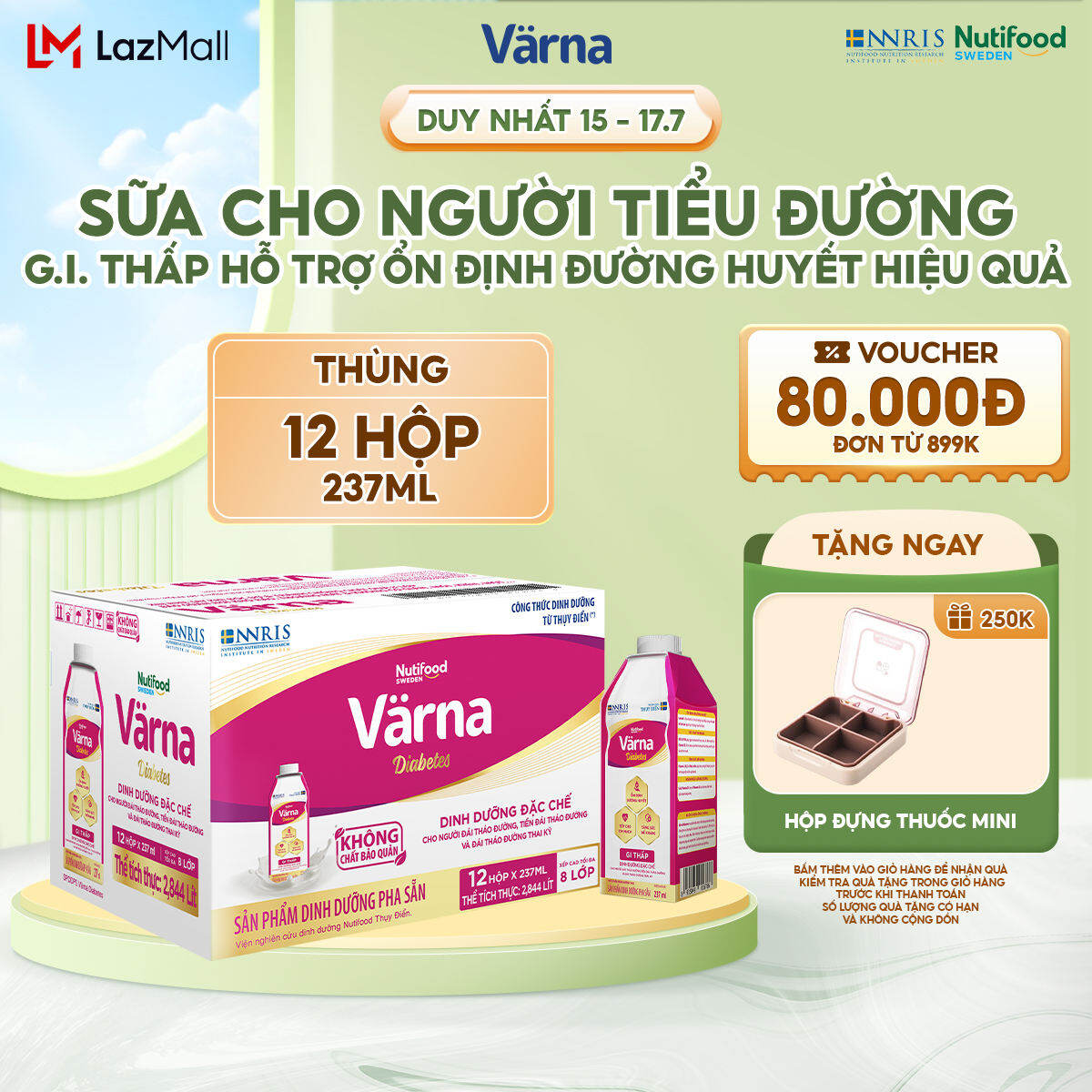 Thùng 12 hộp sữa bột pha sẵn Varna Diabetes (12 hộp giấy x 237ml) - Hỗ trợ ổn định đường huyết