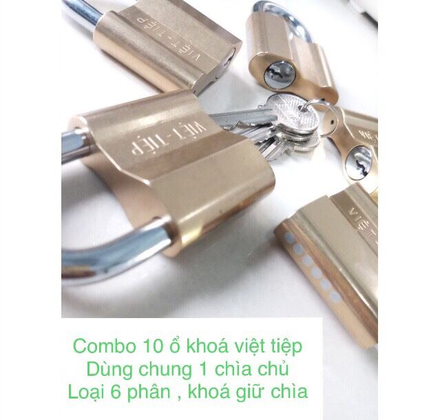Combo 10 ổ khoá việt tiệp dùng chung 1 chìa chủ ( loại 6 phân , khoá giữ chìa , gồm 10 chìa sơ cua )