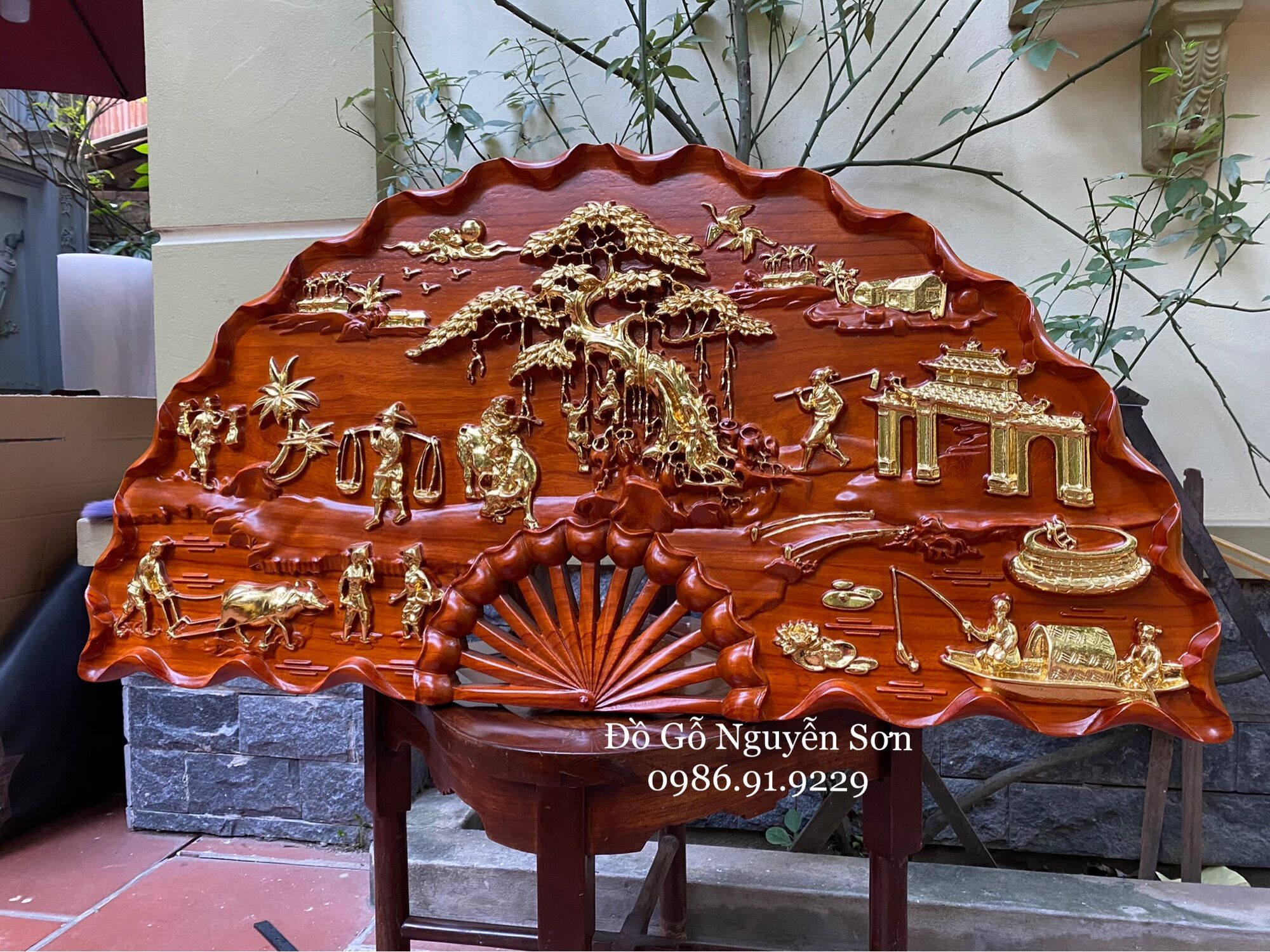 Tranh quạt đồng quê treo tường gỗ hương ,dát vàng ĐÀI LOAN cao cấp đủ kích thước