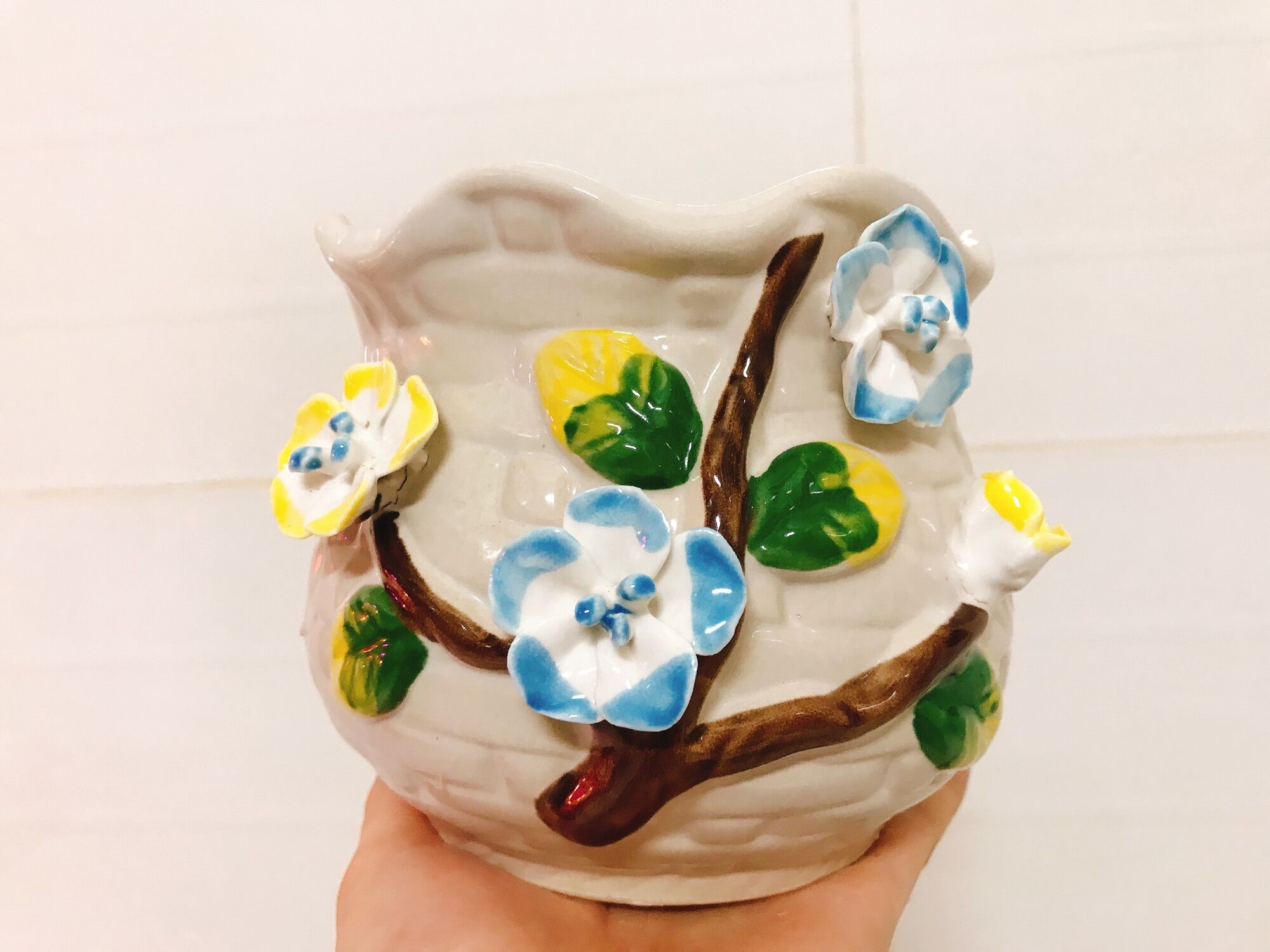 Chậu men đắp hoa 3D cao cấp (thích hợp trồng sen đá sương rồng)
