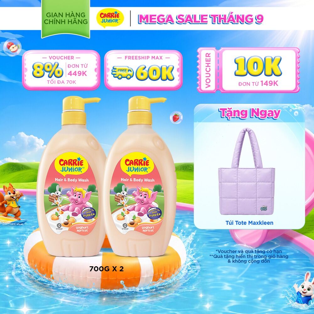 Combo 2 chai Sữa Tắm Gội cho bé Carrie Junior chiết xuất trái cây thiên nhiên Yoghurt Hương Mơ Tây 700g/chai