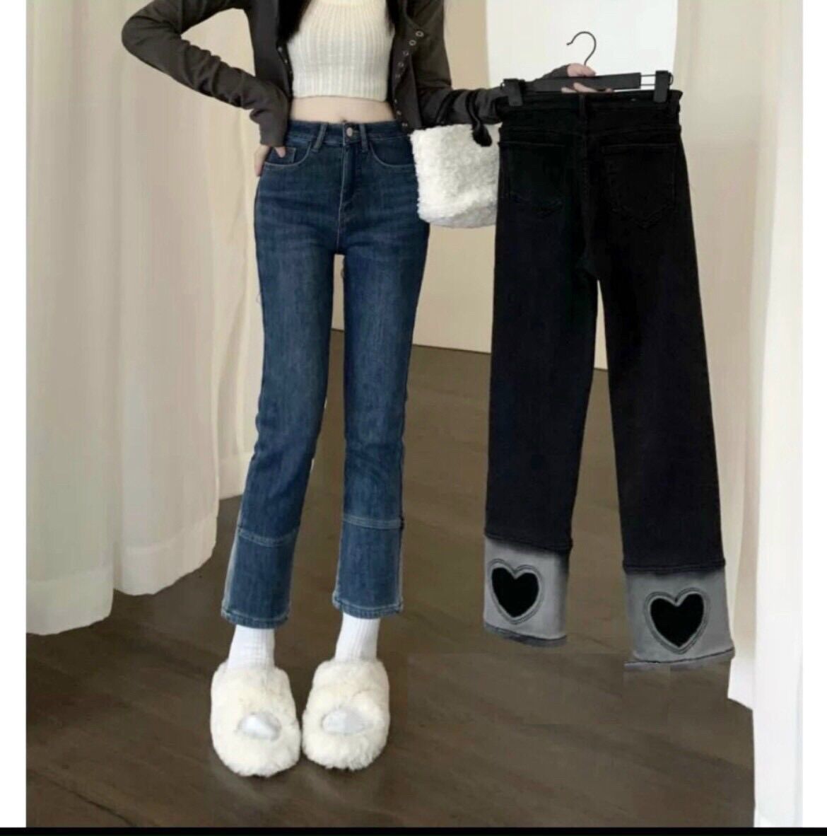Quần jean nữ ống đứng lưng cai co giãn thêu trái tim