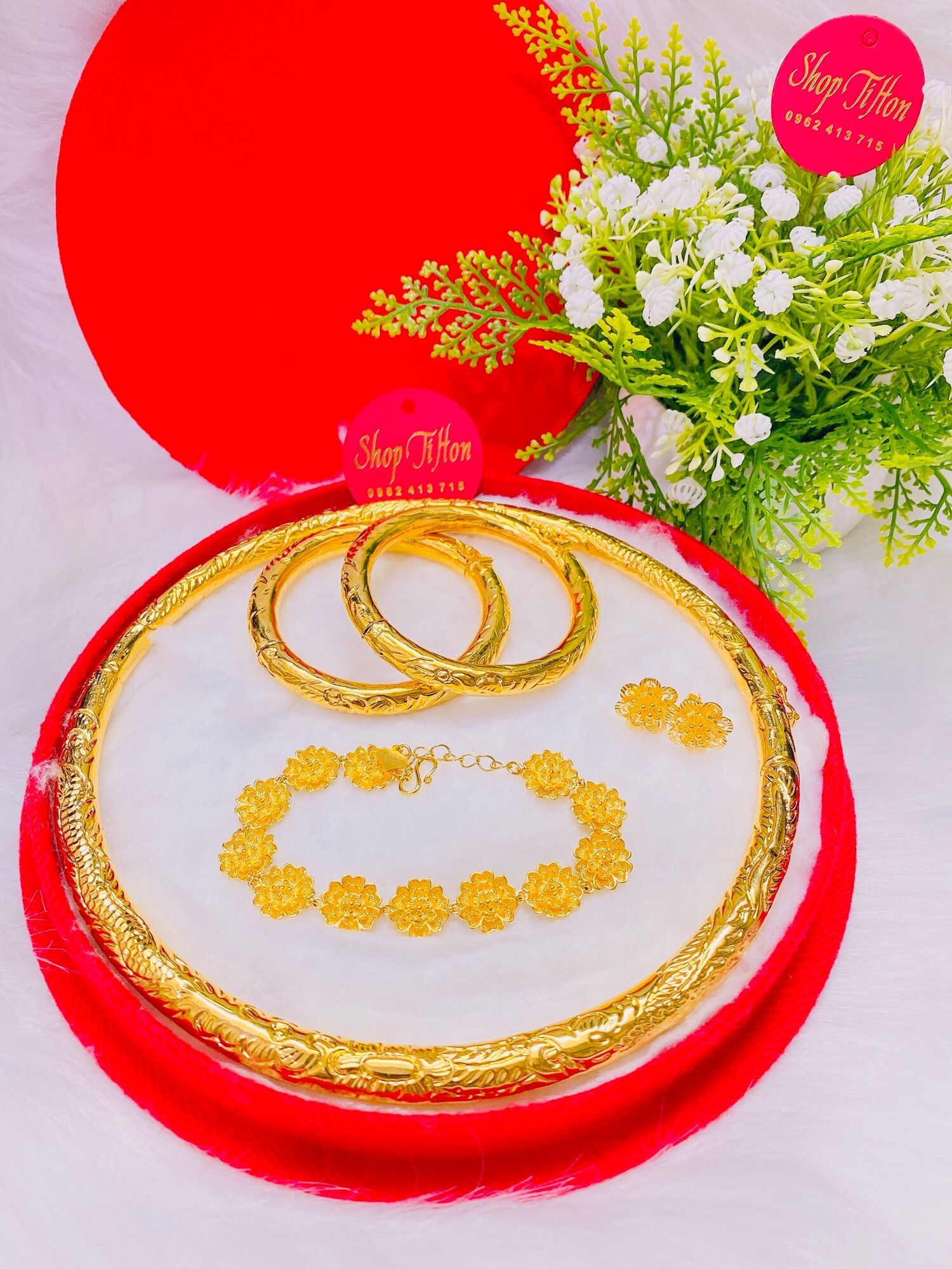 Set bộ trang sức cưới cô dâu cao cấp mạ vàng 24k mẫu mới siêu đẹp kèm hộp nhung đỏ đựng khi mua sản phẩm